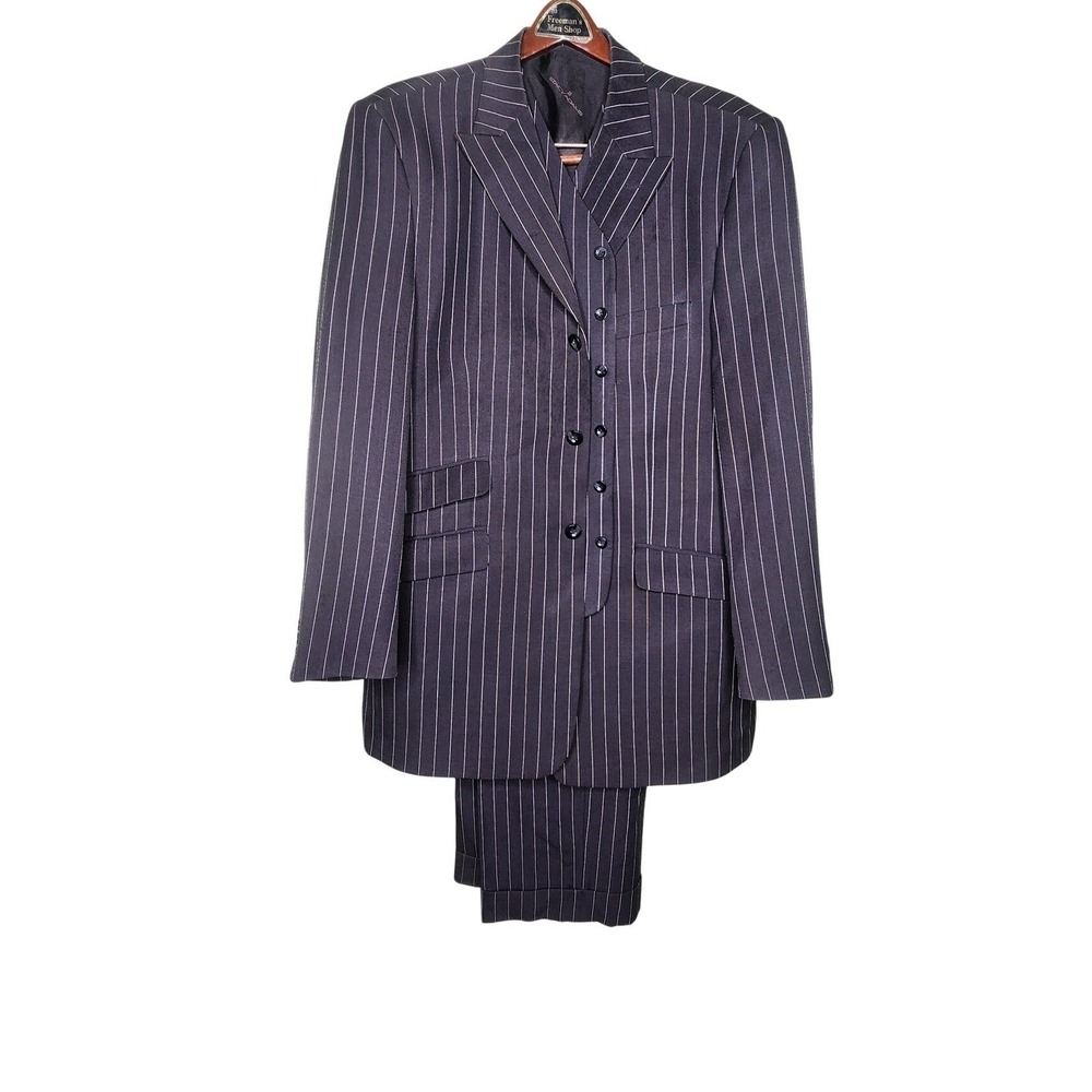 Stacey‎ Adams Gold Label Suit 3 Piece Navy Blue Pinstripe Work Business Prep 44R